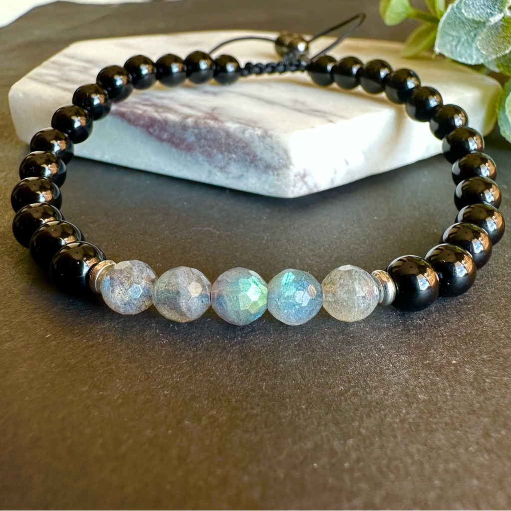 Labradorite Bracelet Black Tourmaline Adjustable Macrame